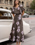 STORIES BE TOLD STAGE BLOSSOM SATIN PUFF SLEEVE FLOATY MAXI DRESS