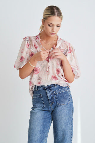 IVY + JACK PROMISED POPPY SLORAL BUBBLE SLEEVE SS TOP