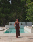 GEORGIA MAE GALORE CHOCOLATE BIAS RUFFLE SLIP MAXI DRESS