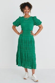 IVY + JACK GRACEFUL SHIRRED COTTON BUBBLE SLEEVE TIERED MAXI DRESS