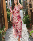 GEORGIA MAE EXQUISTITE PAINTED ROSE PUFF SLEEVE MIDI DRESS