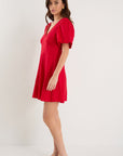 AMONG THE BRAVE ADELAIDE CHERRY LINEN PUFF SLEEVE PANELLED MINI DRESS