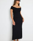 GEORGIA MAE ALFA RIB OFF SHOULDER SS MIDI DRESS