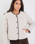 STORIES BE TOLD APEX COLLARELESS QUILTED CONTRAST PIPING PUFFER JACKET