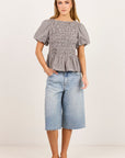 STORIES BE TOLD ARTIFACT MINI GINGHAM SHIRRED BUBBLE SLEEVE TOP