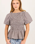 STORIES BE TOLD ARTIFACT MINI GINGHAM SHIRRED BUBBLE SLEEVE TOP