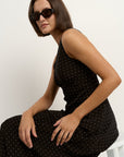STORIES BE TOLD ASTON DITSY DOT SATIN BIAS FLARED MAXI DRESS
