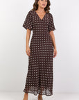AMONG THE BRAVE AURA POLKA DOT PUFF SHORT SLEEVE BIAS MIDI DRESS