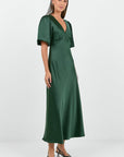 AMONG THE BRAVE AURA SATIN PUFF SHORT SLEEVE BIAS MIDI DRESS