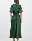 AMONG THE BRAVE AURA SATIN PUFF SHORT SLEEVE BIAS MIDI DRESS