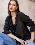 AMONG THE BRAVE BOHEMIAN BLACK SHEER FRILL FRONT BLOUSE