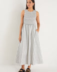RE:UNION BRYAR STRIPE COTTON SLEEVELESS SHIRRED BODICE MIDI DRESS