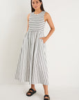 RE:UNION BRYAR STRIPE COTTON SLEEVELESS SHIRRED BODICE MIDI DRESS
