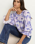 IVY + JACK CANDID BLUE FLORAL FRILL SLEEVE CREW NECK SS TOP