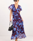 AMONG THE BRAVE CHARIOT BLUE FLORAL FLUTTER SLEEVE MAXI DRESS