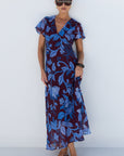 AMONG THE BRAVE CHARIOT BLUE FLORAL FLUTTER SLEEVE MAXI DRESS
