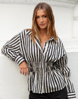 STORIES BE TOLD COMPOSITE STRIPE SHIRRED BODY SHIRT