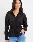 STORIES BE TOLD COMPOSITE SHEER SHIRRED BODY SHIRT