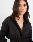 STORIES BE TOLD COMPOSITE SHEER SHIRRED BODY SHIRT