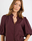 IVY + JACK CONTINUANCE SEMI SHEER HIGH NECK BUTTONED SHORT SLEEVE TOP