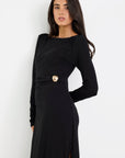 AMONG THE BRAVE COURSE WAIST BUCKLE KNIT LONG SLEEVE MIDI DRESS