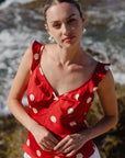 GEORGIA MAE CRAVE CHERRY POLA DOT RUFFLE NECK CAMI TOP