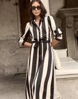 AMONG THE BRAVE CYPRUS STRIPE SATIN LS SHIRT MIDI DRESS