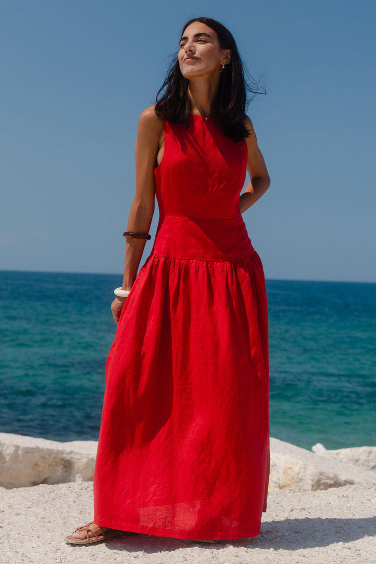 STORIES BE TOLD RESULTS RED LINEN BLEND STRUCTURED SLEEVELESS MAXI DRE –  Boutique on Main Street