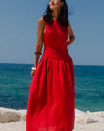 STORIES BE TOLD RESULTS RED LINEN BLEND STRUCTURED SLEEVELESS MAXI DRESS