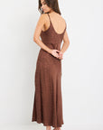 AMONG THR BRAVE DALLAS LEOPARD SATIN JACQUARD STRAPPY MIDI DRESS
