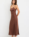 AMONG THR BRAVE DALLAS LEOPARD SATIN JACQUARD STRAPPY MIDI DRESS
