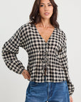 IVY + JACK DISCOVERY GINGHAM LS TIE FRONT TOP