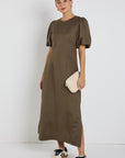 STORIES BE TOLD ELDER KHAKI LINEN BLEND PUFF SLEEVE MIDI DRESS