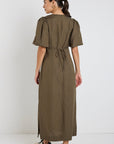 STORIES BE TOLD ELDER KHAKI LINEN BLEND PUFF SLEEVE MIDI DRESS