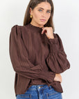 AMONG THE BRAVE EMBRACE SELF SREIPE SHIRRED NECK L/S TOP
