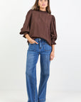 AMONG THE BRAVE EMBRACE SELF SREIPE SHIRRED NECK L/S TOP