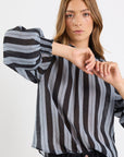 AMONG THE BRAVE EMBRACE STRRIPE SHIRRED NECK LS TOP