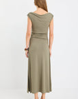 STORIES BE TOLD EQUATOR KHAKI JERSEY ROUCHED MIDI DRESS