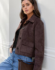 AMONG THE BRAVE EXHIBIT FAUX SUEDE BUTTON FRONT CROPPED JACKET