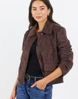 AMONG THE BRAVE EXHIBIT FAUX SUEDE BUTTON FRONT CROPPED JACKET