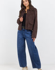 AMONG THE BRAVE EXHIBIT FAUX SUEDE BUTTON FRONT CROPPED JACKET