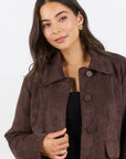 AMONG THE BRAVE EXHIBIT FAUX SUEDE BUTTON FRONT CROPPED JACKET