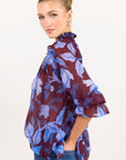 AMONG THE BRAVE EXPEDITION BLUE FLORAL SHIRRED NECK SHORT SLEEVE TOP
