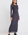 AMONG THE BRAVE GALLERY CHECK MESH LS MAXI DRESS