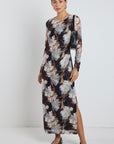 AMONG THE BRAVE GALLERY SEPIA FLORAL MESH LS MAXI DRESS