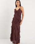 GEORGIA MAE GALORE CHOCOLATE BIAS RUFFLE SLIP MAXI DRESS