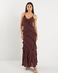 GEORGIA MAE GALORE CHOCOLATE BIAS RUFFLE SLIP MAXI DRESS