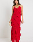 GEORGIA MAE GALORE FLAME BIAS RUFFLE SLIP MAXI DRESS