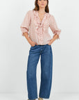 AMONG THE BRAVE GARNISH POLKA DOT FRILL FRONT MID SLEEVE TOP