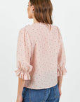 AMONG THE BRAVE GARNISH POLKA DOT FRILL FRONT MID SLEEVE TOP